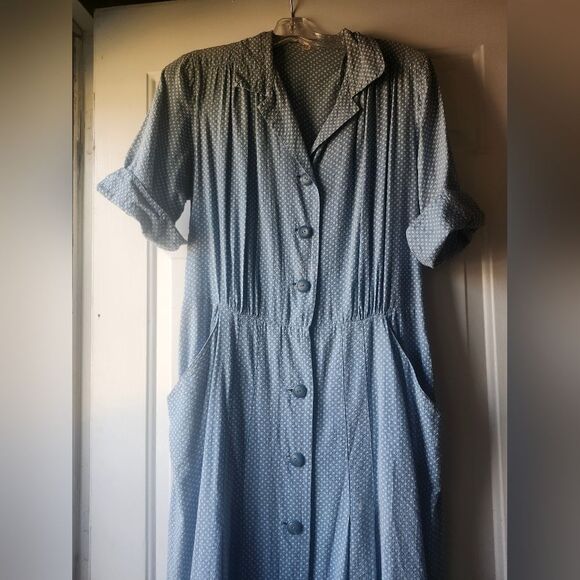 Vintage Blue Seersucker Polkadot 50s Midi Dress Button Front Pockets Collar - Picture 4 of 12